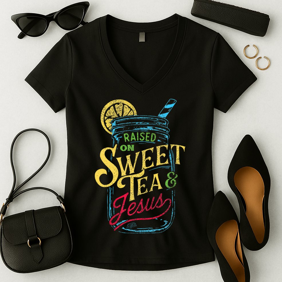 Raised On Sweet Tea & Jesus Southern Pride Iced Tea Women's V-Neck T-Shirt