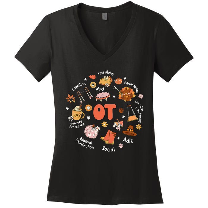 Retro Occupational Therapy OT Therapist Fall Thanksgiving Women's V-Neck T-Shirt