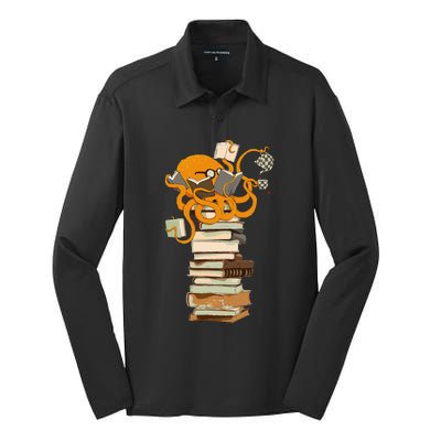 Reading Octopus Tea Coffee And Books Gift Silk Touch Performance Long Sleeve Polo