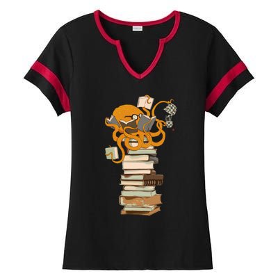 Reading Octopus Tea Coffee And Books Gift Ladies Halftime Notch Neck Tee