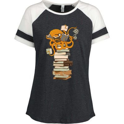 Reading Octopus Tea Coffee And Books Gift Enza Ladies Jersey Colorblock Tee