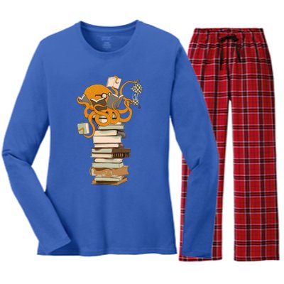 Reading Octopus Tea Coffee And Books Gift Women's Long Sleeve Flannel Pajama Set 