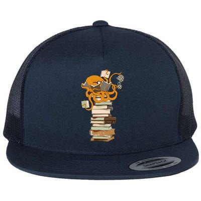 Reading Octopus Tea Coffee And Books Gift Flat Bill Trucker Hat