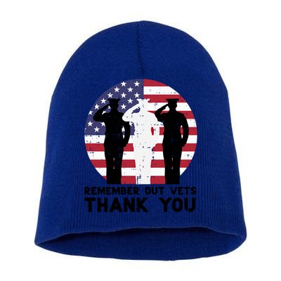 Remember Our Vets Thank You Salute Flag Memorial Day Patriot Cool Gift Short Acrylic Beanie