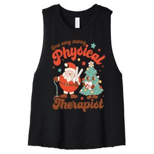 Retro One Very Merry Physical Therapist Santa Christmas Tree Women's Racerback Cropped Tank