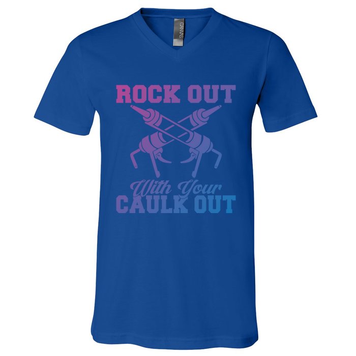 Rock Out With Your Caulk Out Construction Worker Funny Gift V-Neck T-Shirt