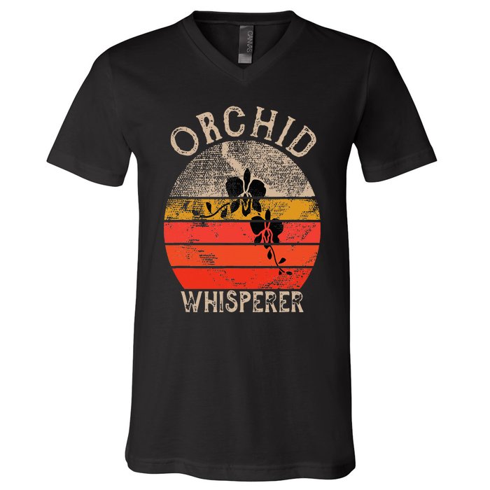 Retro Orchid Whisperer Funny Orchids Flower Lover Gardener V-Neck T-Shirt