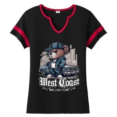 Raised On West Coast Hip Hop Teddy Bear Old School 90s 80s Ladies Halftime Notch Neck Tee