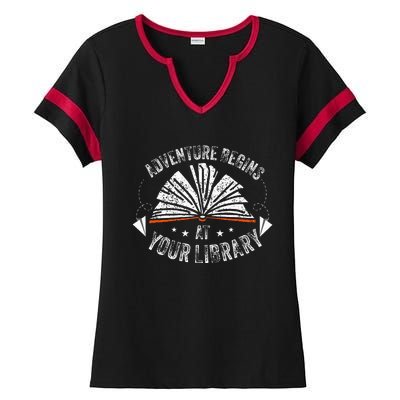 Reading Program 2024 Adventure Begins At Your Library Ladies Halftime Notch Neck Tee