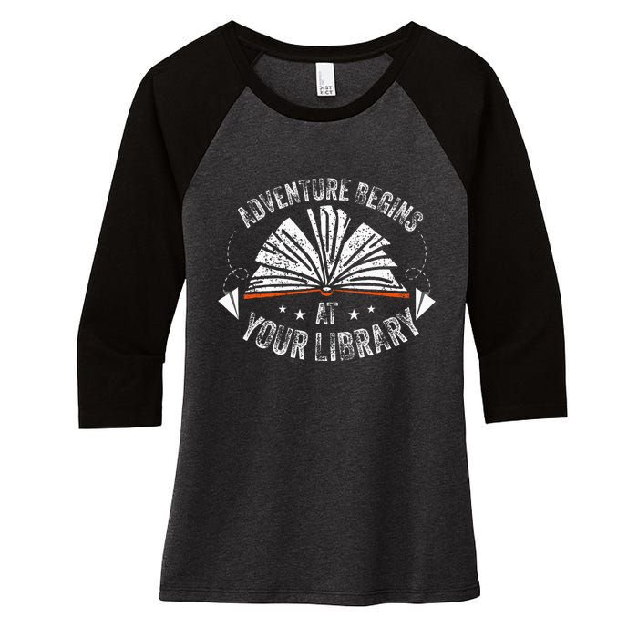 Reading Program 2024 Adventure Begins At Your Library Women's Tri-Blend 3/4-Sleeve Raglan Shirt