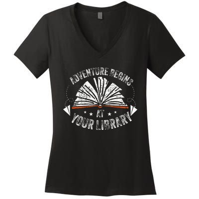 Reading Program 2024 Adventure Begins At Your Library Women's V-Neck T-Shirt