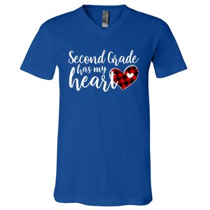 Red Plaid 2nd Second Grade Has My Heart Teacher Valentines Gift V-Neck T-Shirt