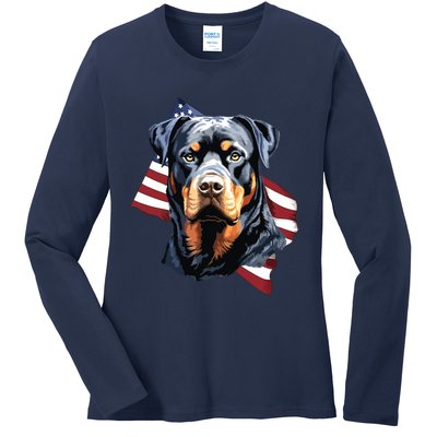 Rottweiler Patriotic 4th Of July Dog Lover American USA Ladies Long Sleeve Shirt