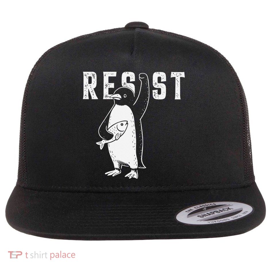 Resist Penguins Against Tariffs Graphic Activism Protest Flat Bill Trucker Hat