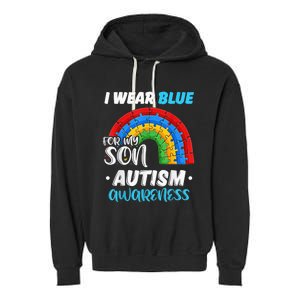 rainbow puzzle Autism I Wear Blue For Son Autism Awareness Garment-Dyed Fleece Hoodie