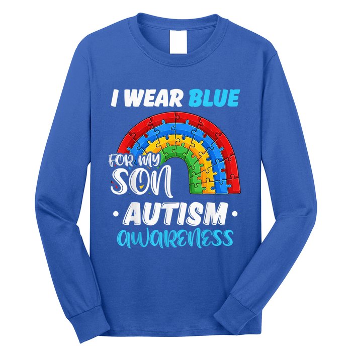 rainbow puzzle Autism I Wear Blue For Son Autism Awareness Long Sleeve Shirt