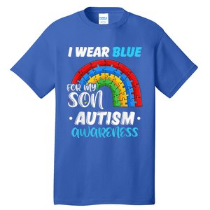 rainbow puzzle Autism I Wear Blue For Son Autism Awareness Tall T-Shirt