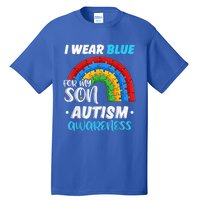 rainbow puzzle Autism I Wear Blue For Son Autism Awareness Tall T-Shirt