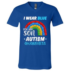 rainbow puzzle Autism I Wear Blue For Son Autism Awareness V-Neck T-Shirt