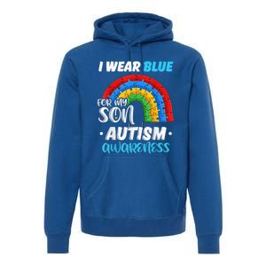 rainbow puzzle Autism I Wear Blue For Son Autism Awareness Premium Hoodie