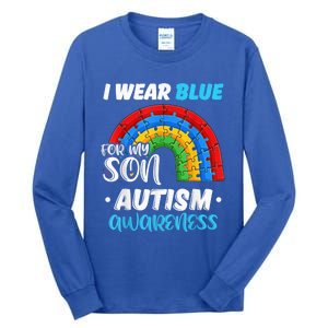 rainbow puzzle Autism I Wear Blue For Son Autism Awareness Tall Long Sleeve T-Shirt