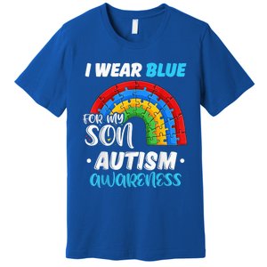 rainbow puzzle Autism I Wear Blue For Son Autism Awareness Premium T-Shirt