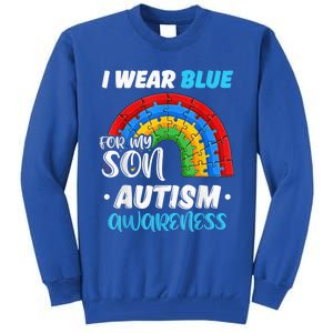 rainbow puzzle Autism I Wear Blue For Son Autism Awareness Tall Sweatshirt