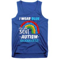 rainbow puzzle Autism I Wear Blue For Son Autism Awareness Tank Top