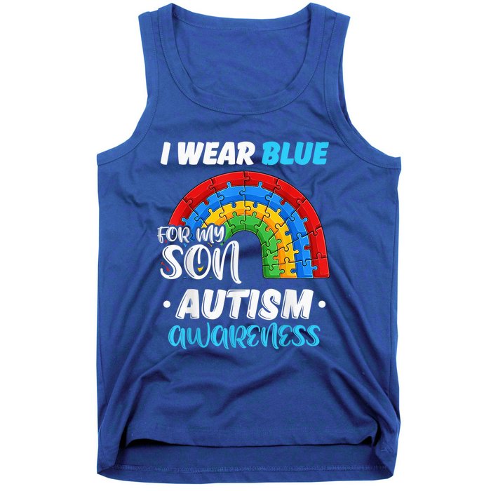 rainbow puzzle Autism I Wear Blue For Son Autism Awareness Tank Top