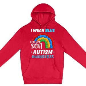 rainbow puzzle Autism I Wear Blue For Son Autism Awareness Premium Pullover Hoodie