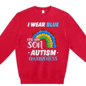 rainbow puzzle Autism I Wear Blue For Son Autism Awareness Premium Crewneck Sweatshirt