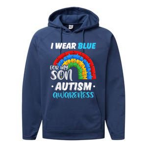 rainbow puzzle Autism I Wear Blue For Son Autism Awareness Performance Fleece Hoodie