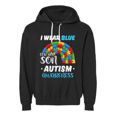 rainbow puzzle Autism I Wear Blue For Son Autism Awareness Garment-Dyed Fleece Hoodie