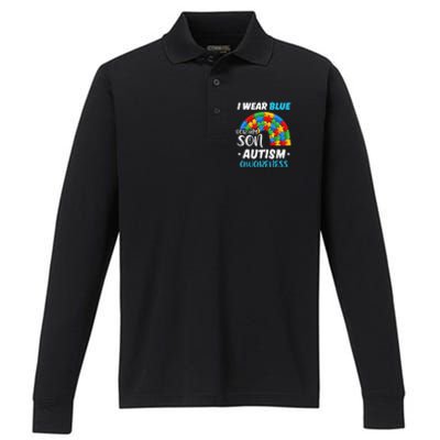 rainbow puzzle Autism I Wear Blue For Son Autism Awareness Performance Long Sleeve Polo