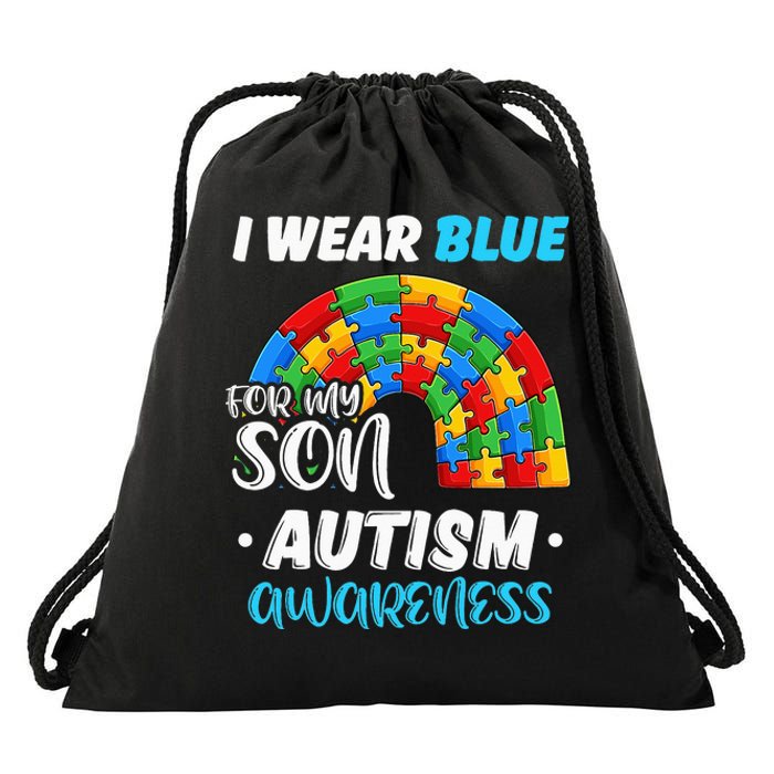 rainbow puzzle Autism I Wear Blue For Son Autism Awareness Drawstring Bag