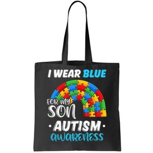 rainbow puzzle Autism I Wear Blue For Son Autism Awareness Tote Bag