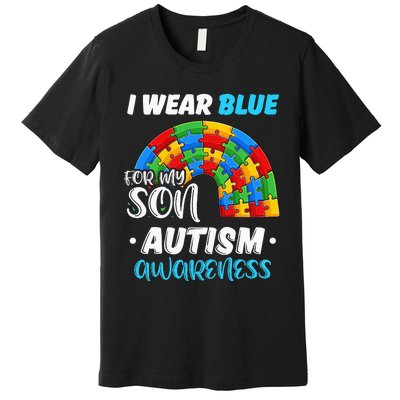 rainbow puzzle Autism I Wear Blue For Son Autism Awareness Premium T-Shirt