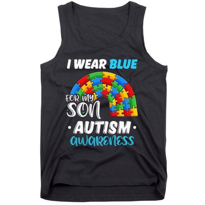 rainbow puzzle Autism I Wear Blue For Son Autism Awareness Tank Top