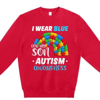 rainbow puzzle Autism I Wear Blue For Son Autism Awareness Premium Crewneck Sweatshirt