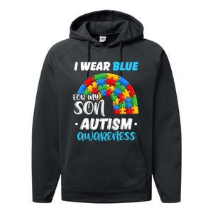 Rainbow Puzzle Autism I Wear Blue For Son Autism Awareness Performance Fleece Hoodie