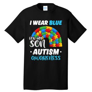 Rainbow Puzzle Autism I Wear Blue For Son Autism Awareness Tall T-Shirt