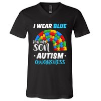 Rainbow Puzzle Autism I Wear Blue For Son Autism Awareness V-Neck T-Shirt