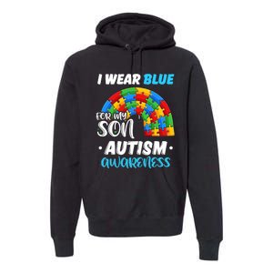 Rainbow Puzzle Autism I Wear Blue For Son Autism Awareness Premium Hoodie