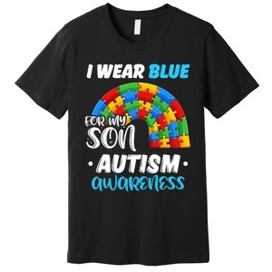 Rainbow Puzzle Autism I Wear Blue For Son Autism Awareness Premium T-Shirt