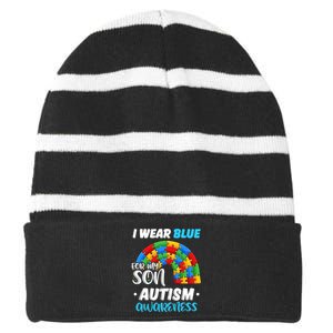 Rainbow Puzzle Autism I Wear Blue For Son Autism Awareness Striped Beanie with Solid Band