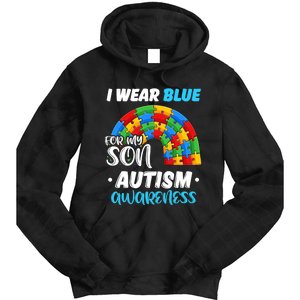 Rainbow Puzzle Autism I Wear Blue For Son Autism Awareness Tie Dye Hoodie