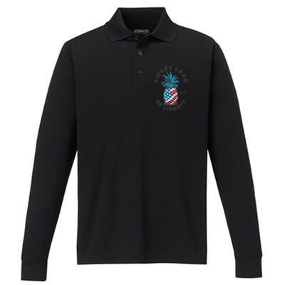 Retro Pineapple American Flag Sweet Land Of Liberty Usa Great Gift Performance Long Sleeve Polo