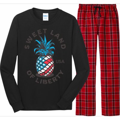 Retro Pineapple American Flag Sweet Land Of Liberty Usa Great Gift Long Sleeve Pajama Set