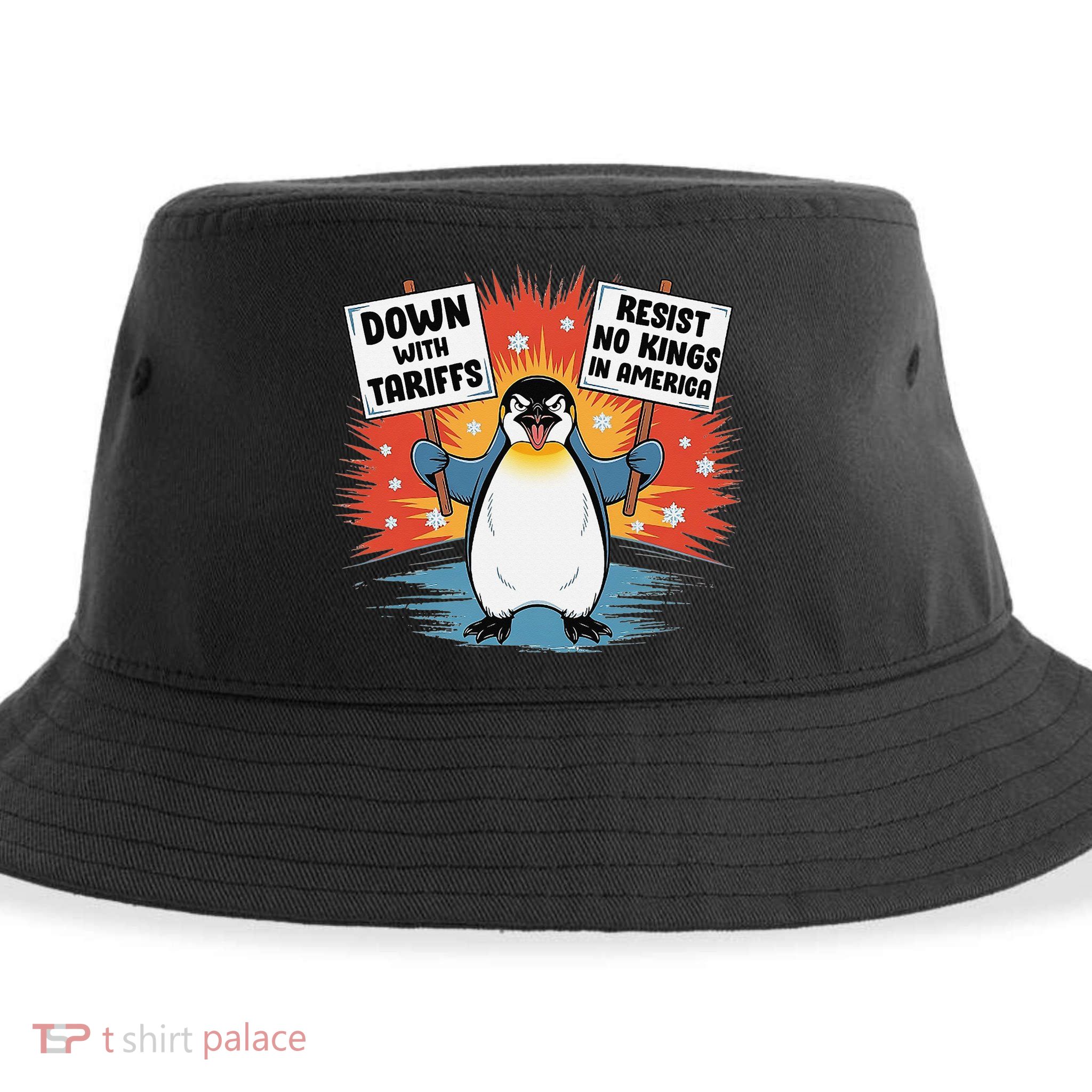 Resist Penguins Activism Funny Penguins Protest Tariffs Sustainable Bucket Hat