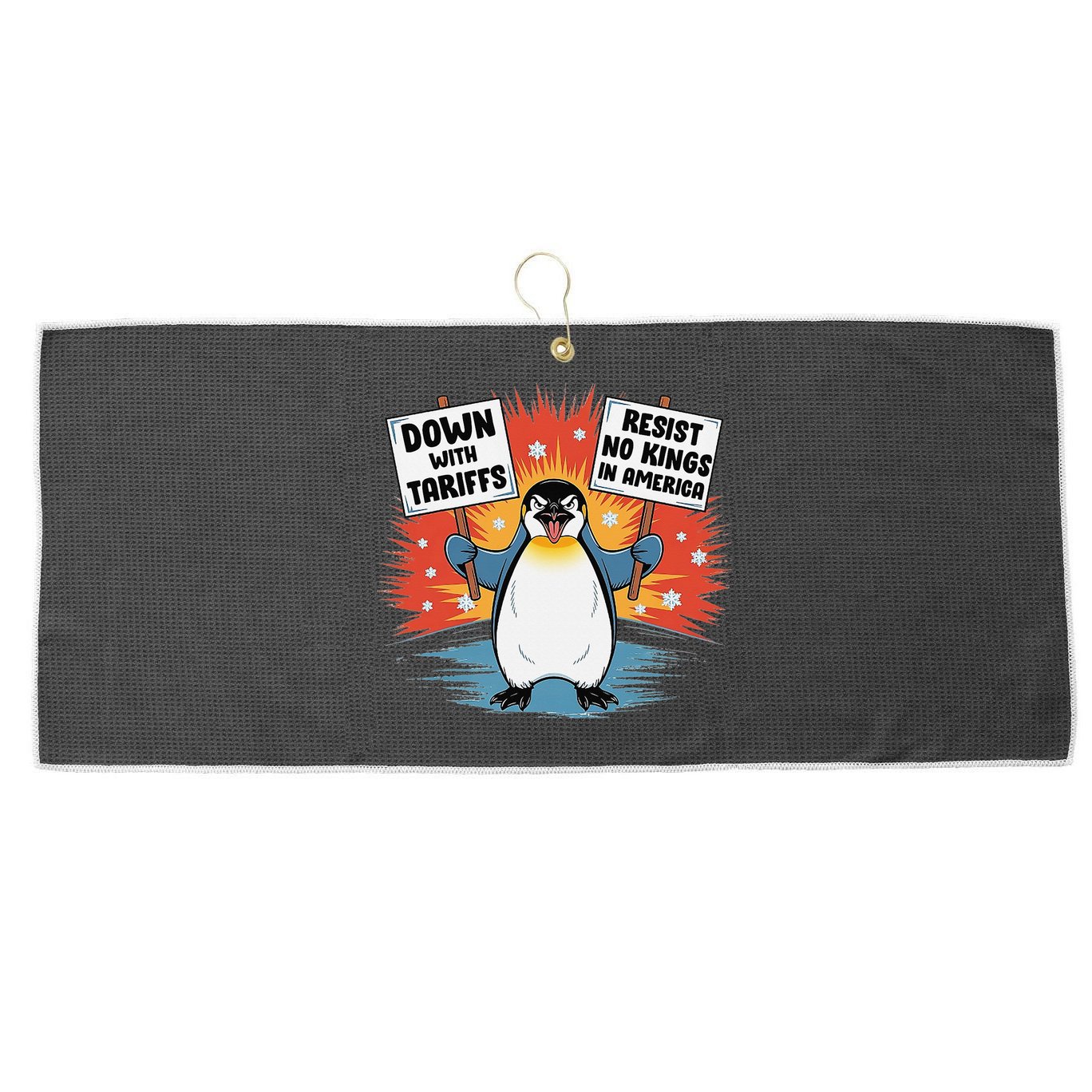Resist Penguins Activism Funny Penguins Protest Tariffs Large Microfiber Waffle Golf Towel